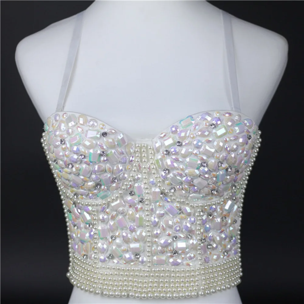 

AKYZO Women's Rhinestone Sexy Tank Tops Crop Top Short Ball Bright Diamond Halter Top Elastic Shaping Bra Party Performance Wome