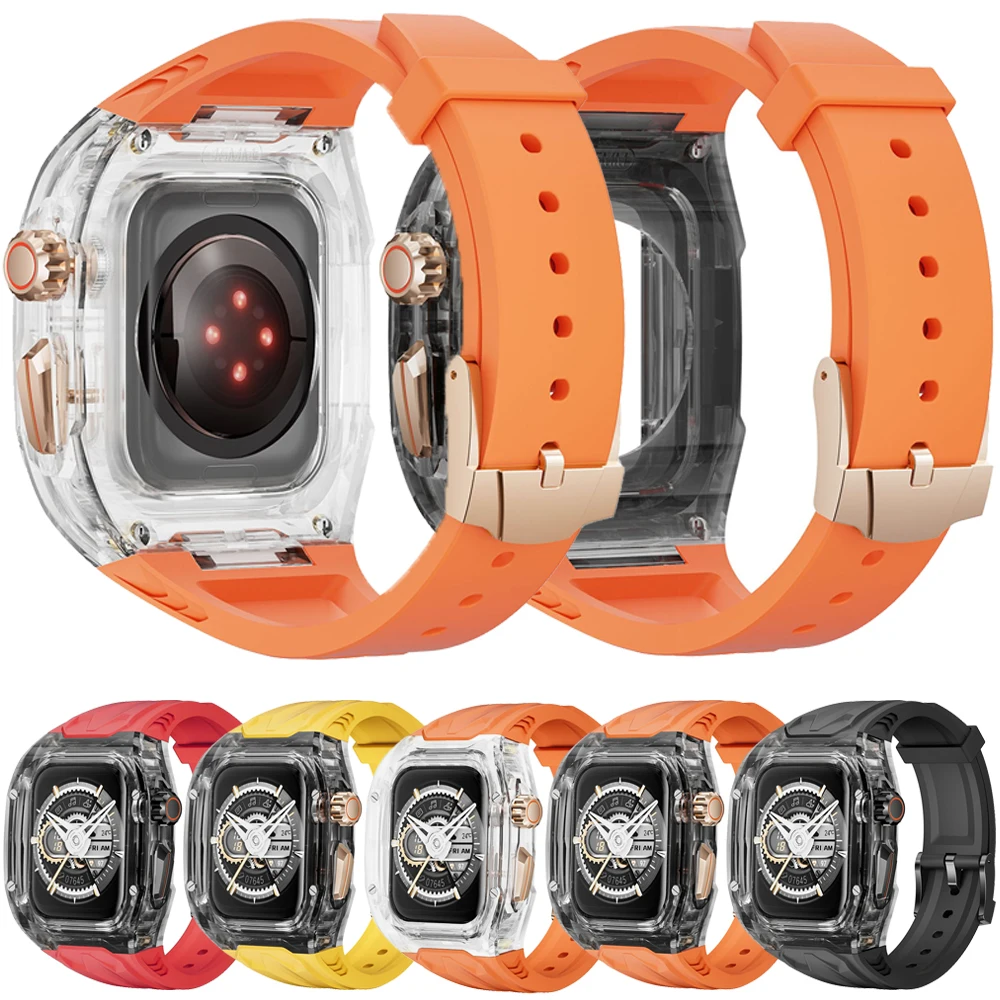 Band For Apple Watch series Ultra 3 2/11 10 9 8 7 6 5 SE Fully Wrapped 40/41/44/45/46/49mm Transparent Case+Integrated TPU strap