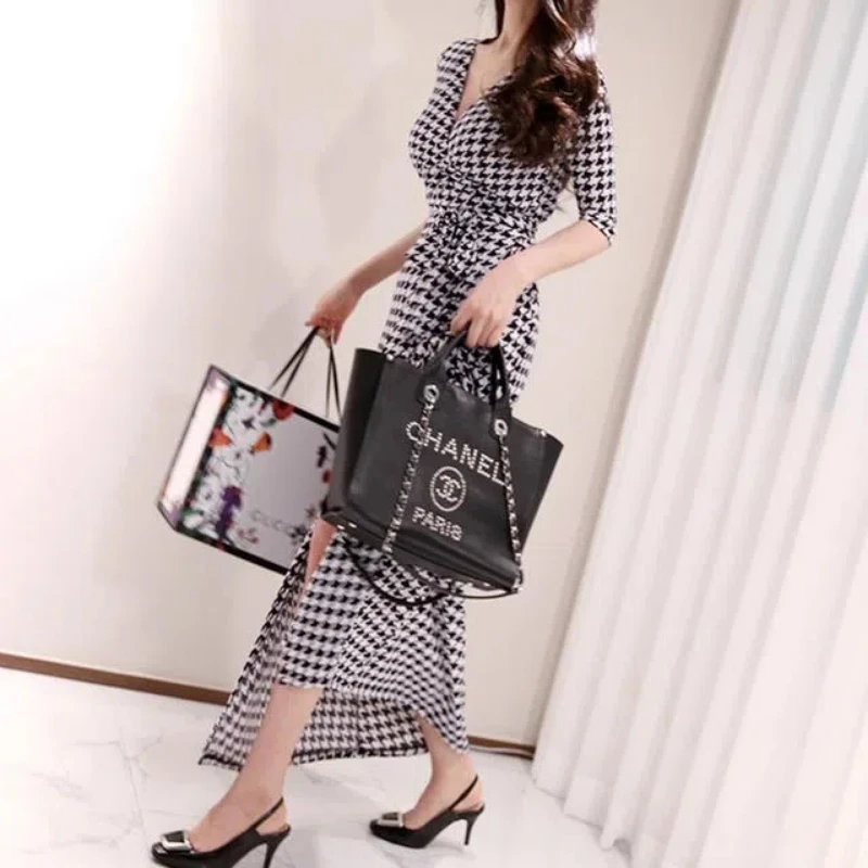 Spring Autumn New V-neck Three Quarter Fashion Midi Dress Women High Street Printing Dresses Vintage Elegant All-match Vestidos