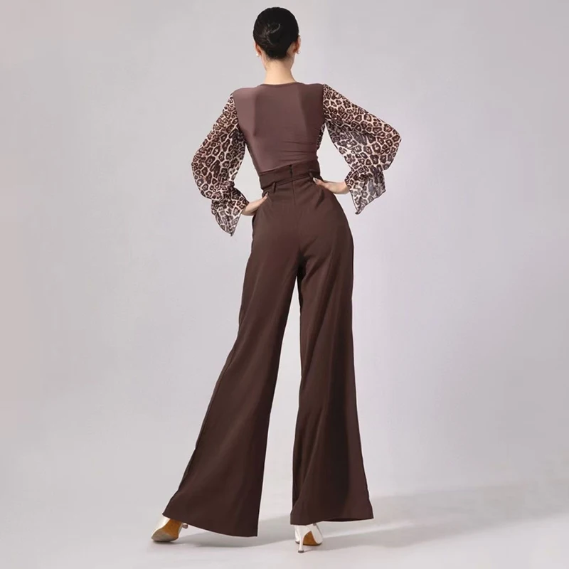 Trajes de baile latino para mujer, Mono de manga larga con estampado de leopardo, pantalones sueltos de pierna ancha marrón, traje de entrenamiento,