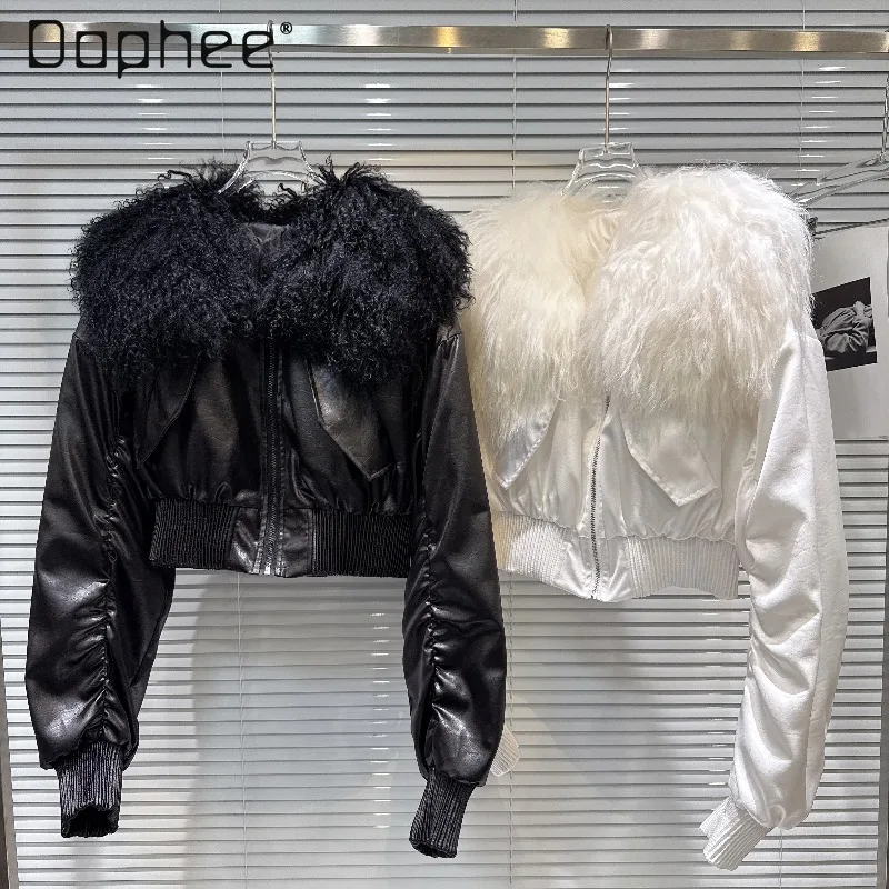 

Spicy Girl Lamb Wool Turn-down Collar Ruched Large Pocket Padded Thickened Coat Winter American Street Slim Short Cotton Jacket