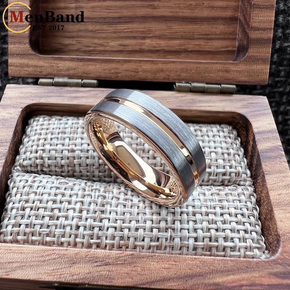 MenBand 6mm Wedding Engagement Gold Tungsten Ring Flat Brushed Polishing Center Groove Comfortable Fit