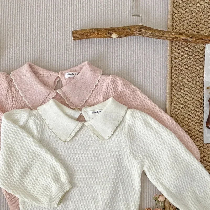 Spring Baby Girl Pullover Sweet Turn-down Collar Tops Toddlers Girls Lantern Long Sleeved Thin Knit Sweater Daily Kid Clothes