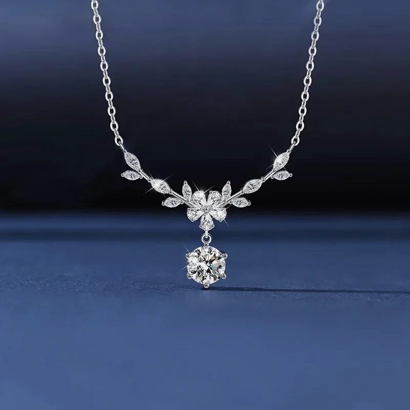 

Moissanite S925 pure silver floral wheat ear necklace, light luxury niche high-end pendant, collarbone chain accessory