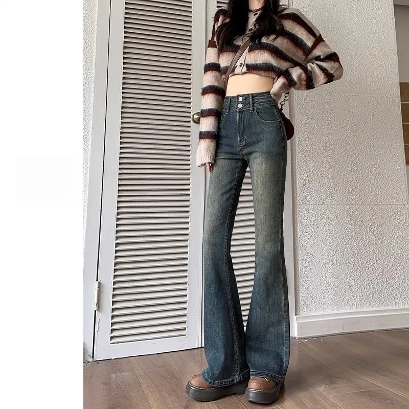 

Расклешенные джинсы Thiened Cement ey в стиле ретро, женские осенне-зимние новые высокие расклешенные полы TT1060