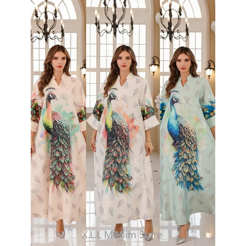 

Fashion Modest Peacock Print Simple Abaya Turkey Kaftan Dubai Dress Long Loose Luxury Muslim Femme Morocco Evening Vestidos