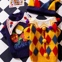 Winter Pet Dog Clothes Fashion Dog Sweater with Circus Clown Hat Cute Plaid Puppy Knitted Sweater Warm Soft Pet Cat Turtleneck