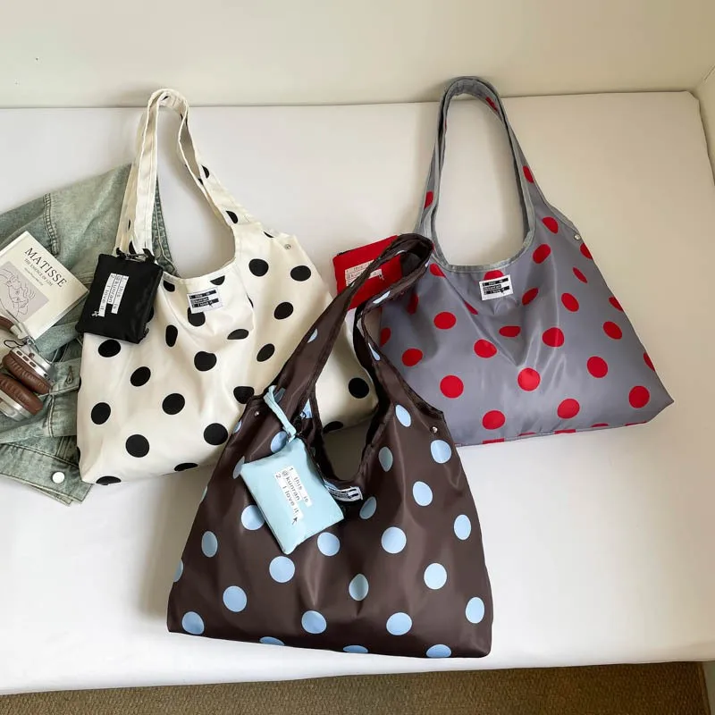 

Korean Polka Dot Nylon Tote Bag, Large-capacity Open-top Shoulder Bag, Color-block Design With Small Pocket Travel Shopping