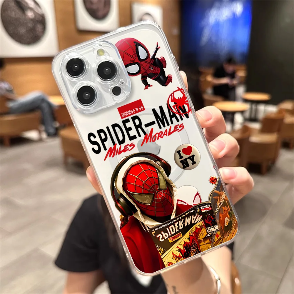 MINISO S-Spider M-Man Phone Case for iPhone 12 11 13 14 15 16 Max Pro Plus Transparent Magsafe Magnetic Wireless Cover