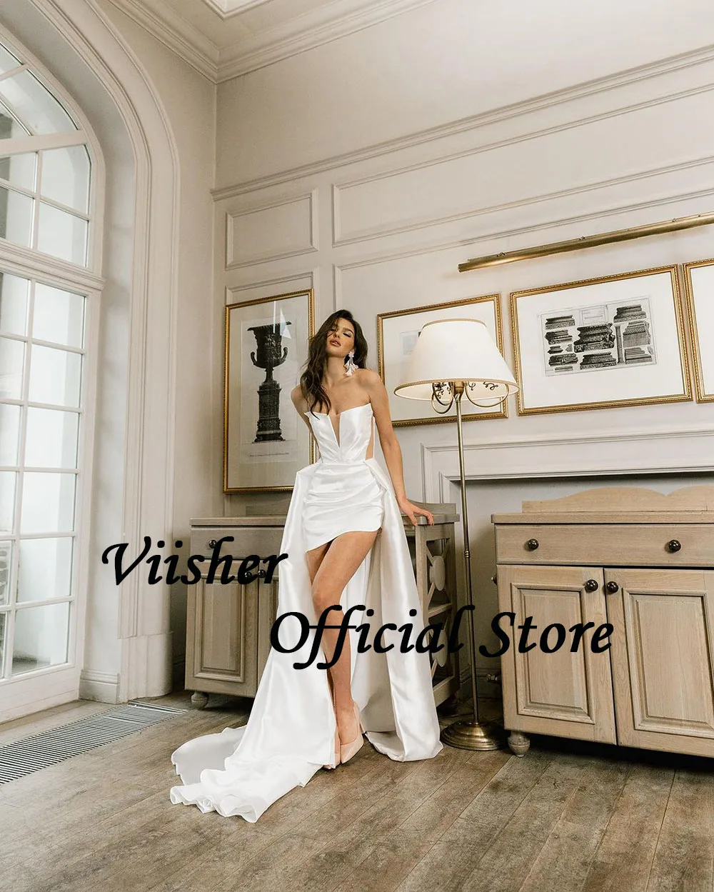 Viisher-Robe de Mariée Sexy en Satin avec Plis en Forme de Cœur, Courte, avec Poignées et Traîne Amovible, pour Patients de Plage