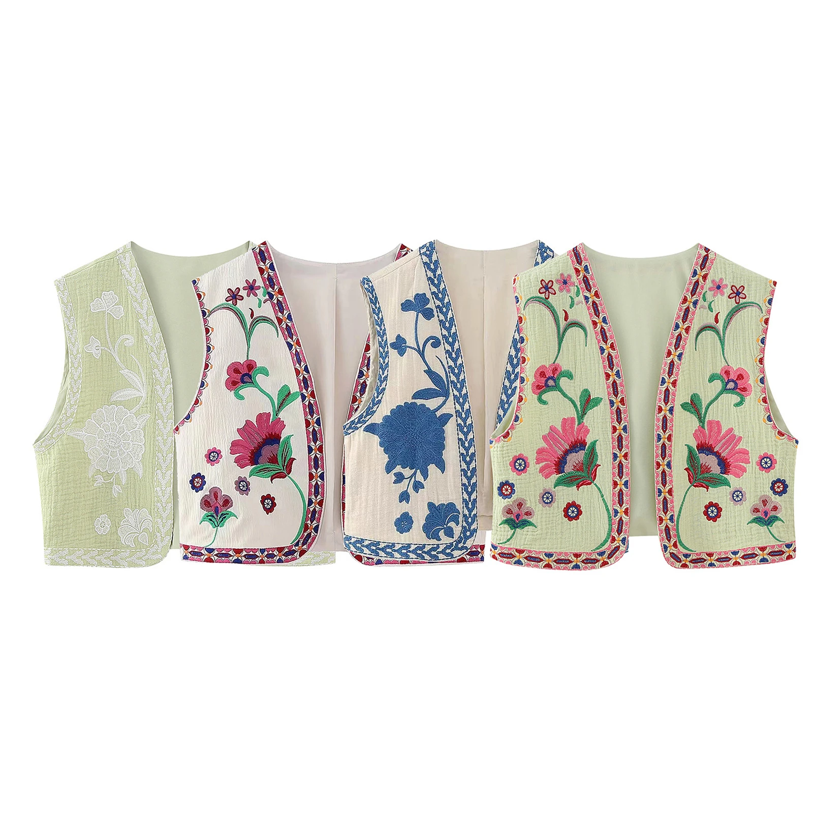 Women Vintage Embroidered Crop Vest Top Y2K Boho Floral Sleeveless Open Front Cardigan Flower Linen Vest Waistcoat Gilet Outwear