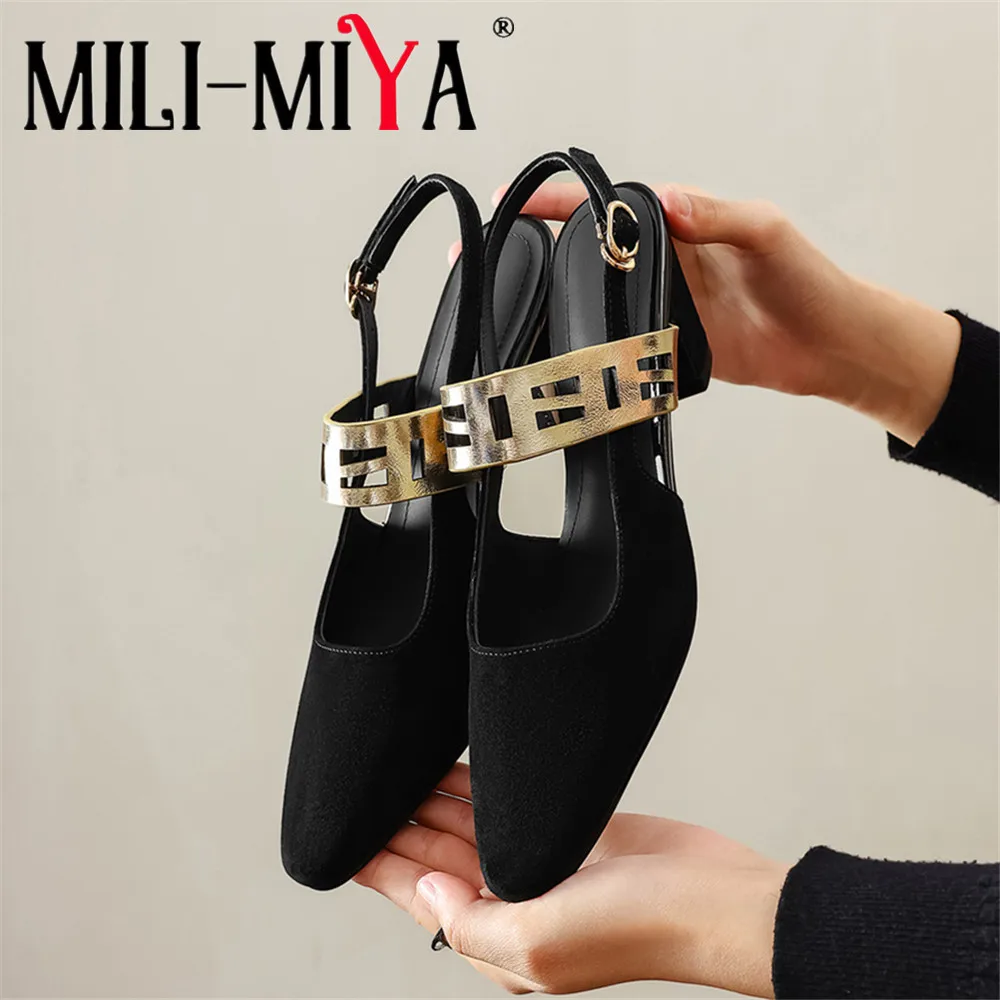 MILI-MIYA Women Round Toe Full Genuine Leather High Heels Shoes With Comfortable Thick Heels Slingback Handmade For Ladies