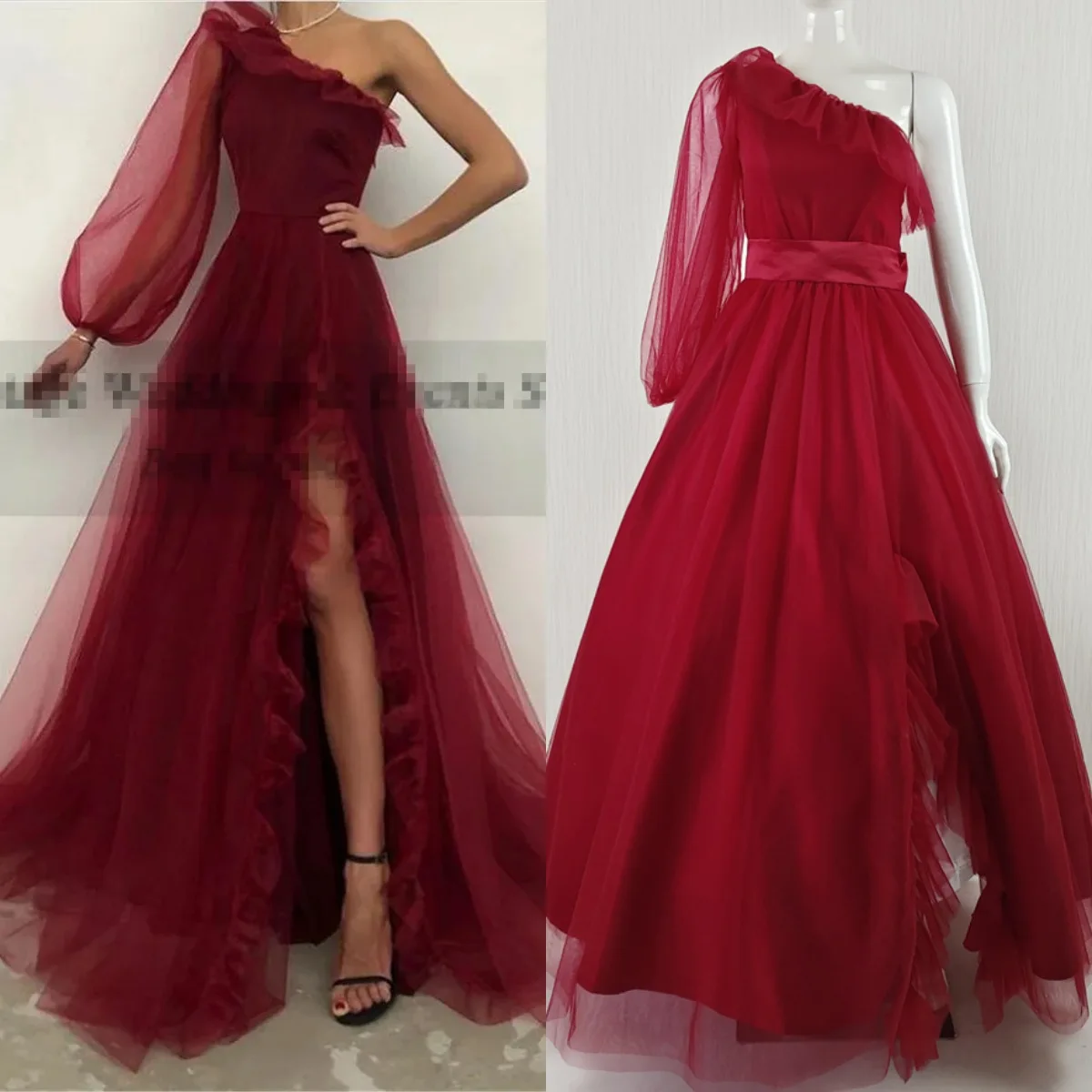 

Real Photo Evening Dress Ruched One-Shoulder Full Sleeves Sexy Floor-Length Luxurious A-Line lus size Women Formal Gown H996