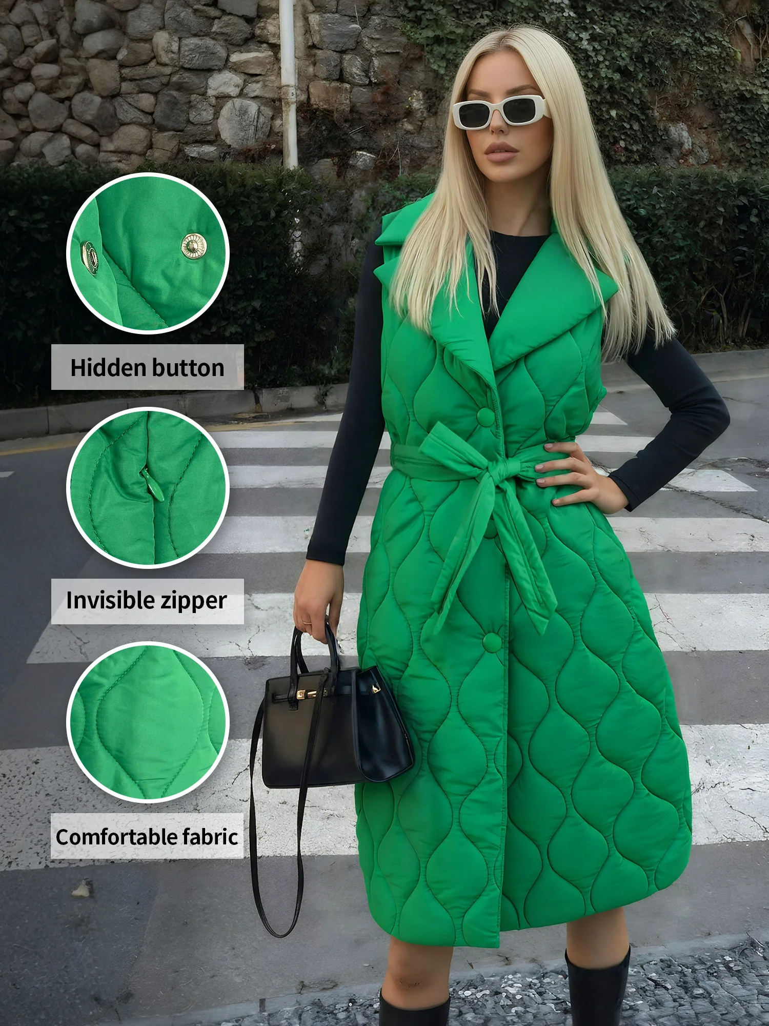 

Women's Autumn/Winter Chic Lapel Quilted Coat Casual Plain Sleeveless Mid-Length Vest with Belt Christmas Vacation Outfit