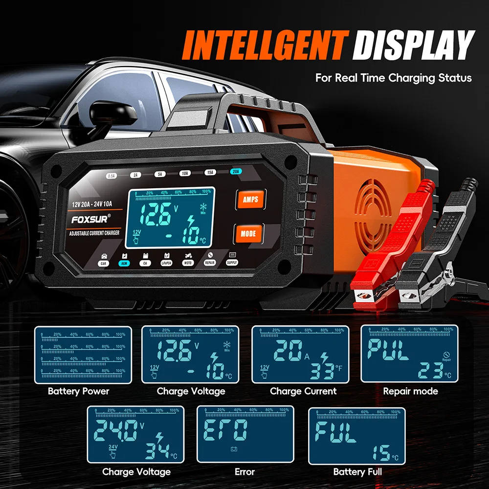 12V/24V Portabl 0.5A-20A  Car ATV Motorcycle Battery Charger Smart Charger Lithium AGM GEL Lead-Acid LiFePO4 Battery Chargers