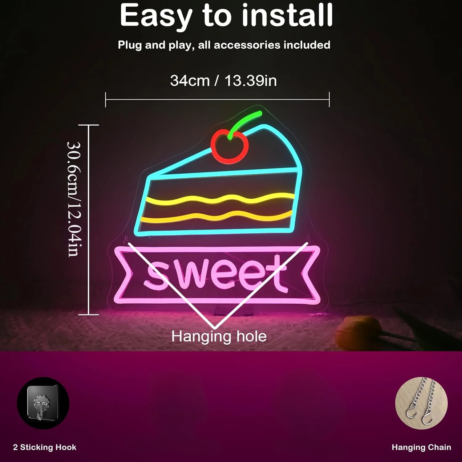 달콤한 네온 조명 과일 케이크 네온사인 USB 전원 케이크 가게 디저트 가게 파티 레스토랑 커피숍 벽 장식 어린이 선물