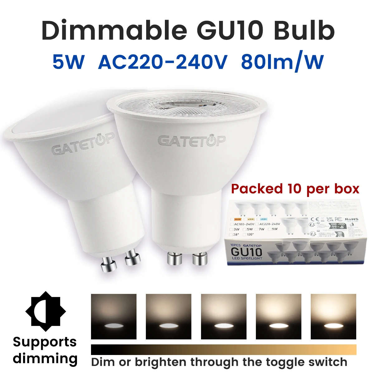 

10pcs 5W LED Spotlight AC 220V Dimmable 3000k/6000k 50mm Recessed Downlight PC material Ceiling Lamp Showcase Display Lighting