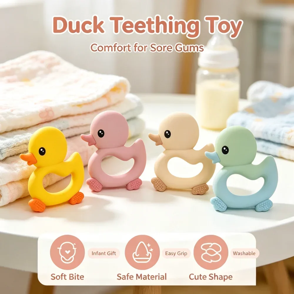 

Duck Teether Toy Hollow Shape Teether Food Grade Silicone Teether Cartoon Animal Teething Stick Baby newborn Teething Accessorie