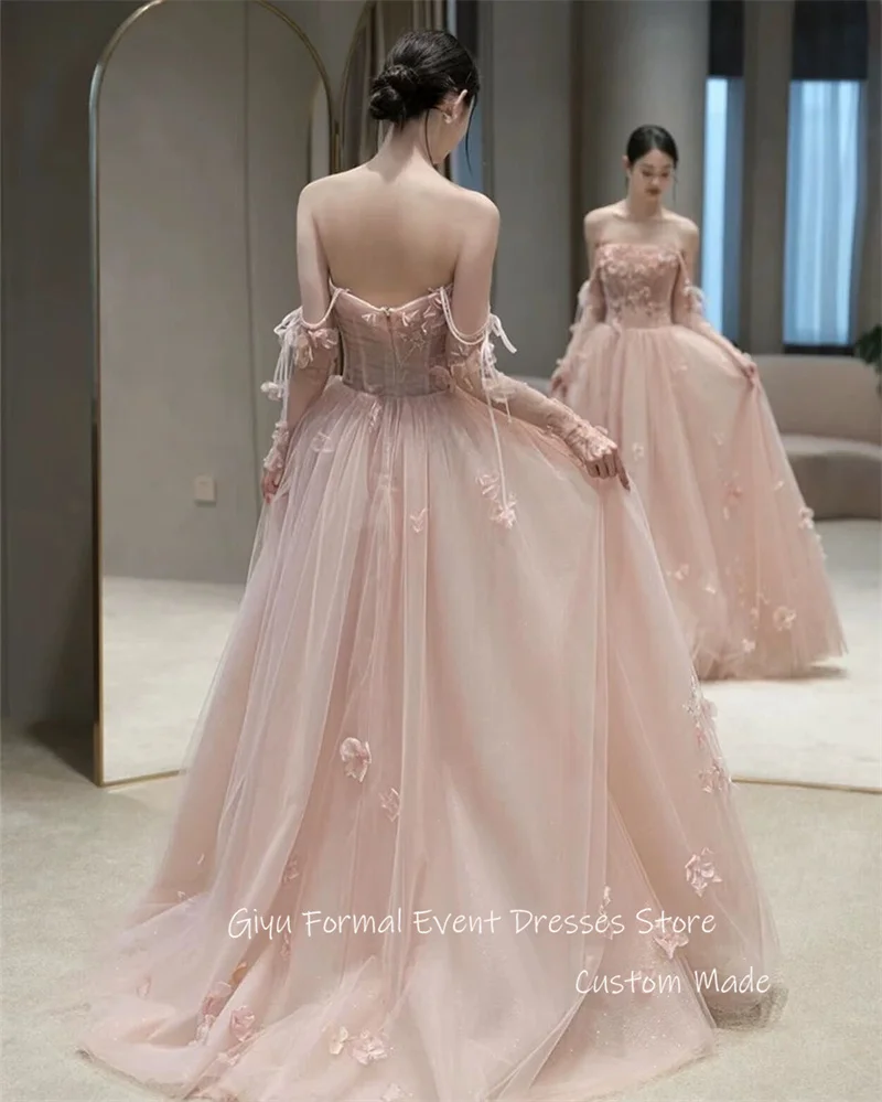 Giyu Elegant Blush Pink Tulle Wedding Dresses Korea Photoshoot 3D Flowers Spaghetti Straps Garden Shiny Evening Gowns Customized