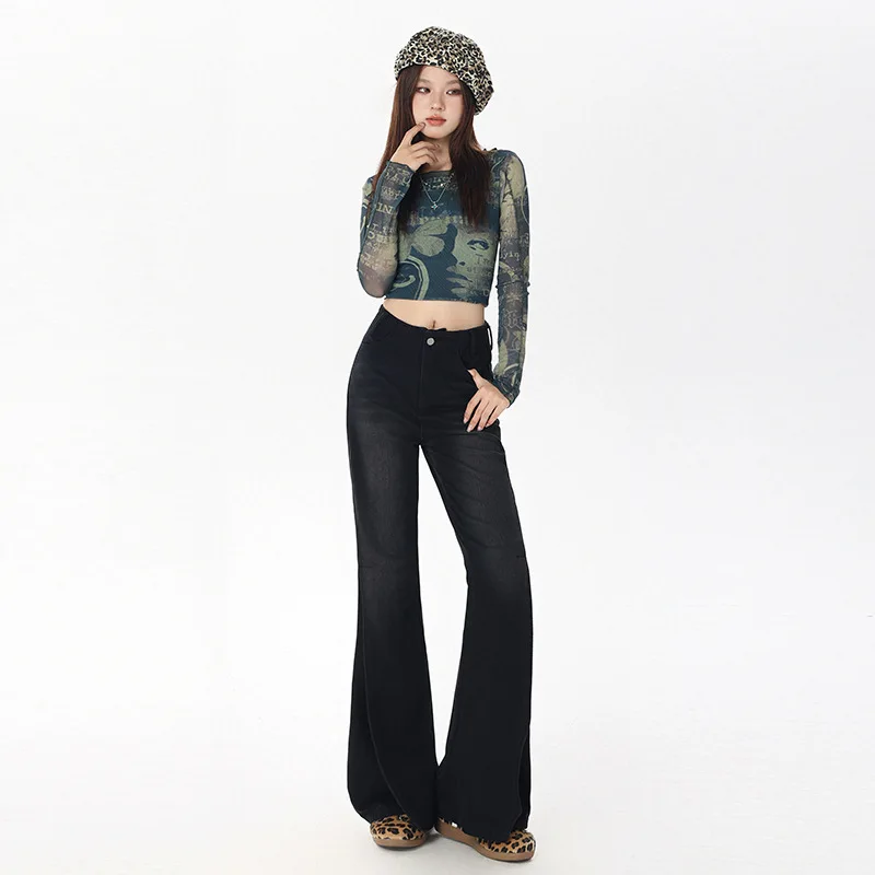 Boweylun High Waisted Slit Micro Flared Jeans for Women Autumn Loose Straight Leg Full Length Pants Female