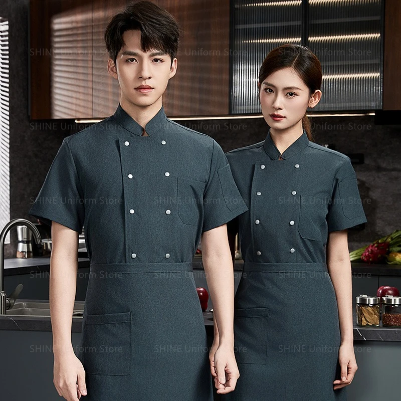 Uniforme de Chef de restaurante de manga corta, chaqueta de Chef de malla transpirable para hombre con delantal, abrigo de Chef de cocina, ropa de trabajo negra para mujer con logo