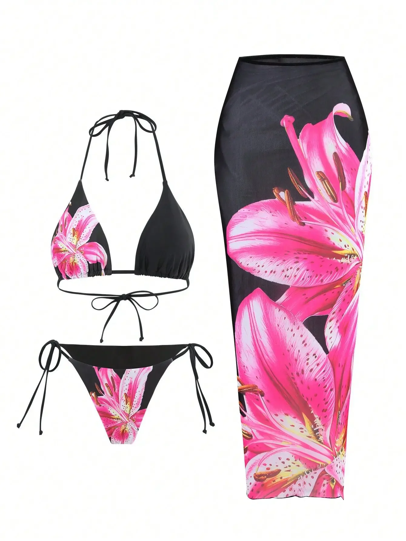 

2025 New Flower Print Bikini Set Women's High Waist Skirt 3 Piece Swimsuit Sexy Mini Triangle Backless Thong Bathing Suit