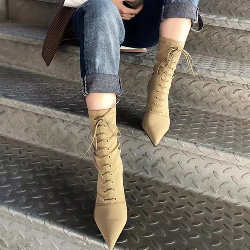 

Elastic Boots 2024 New Internet Celebrity Pointed Lace Show Skinny and Thin Heels Sexy Skinny Socks Boots High Heels Short Boots