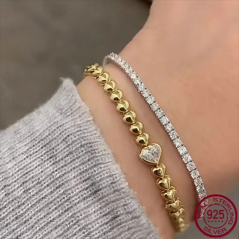 

New 925 Silver Peach Heart Shaped Bracelet with Beads for Women, High End European and American Fashion, Ins Elegant Style