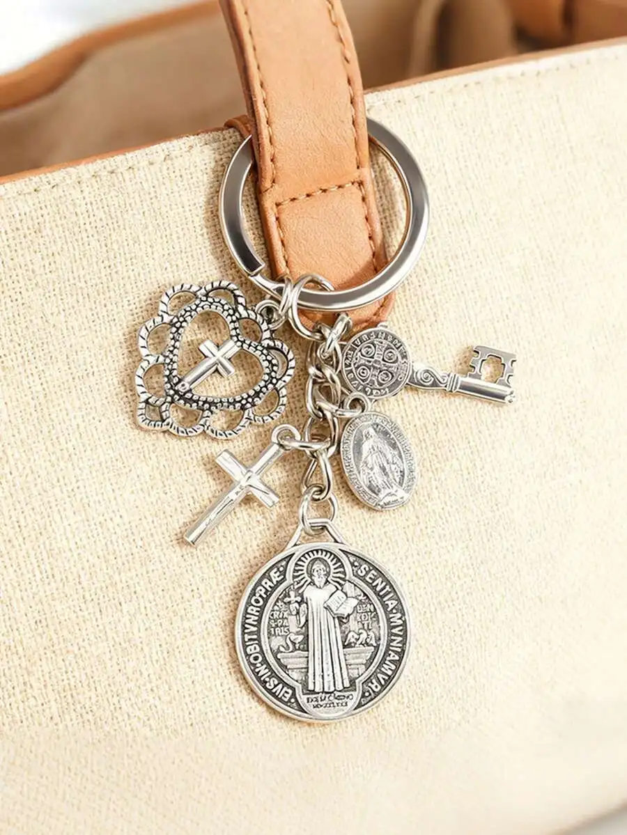 

1pc Religious Novelty Keychain | Saint Benedict And Mary Cross Keychain With Multiple Accessories, Prayer Protection Charm gift