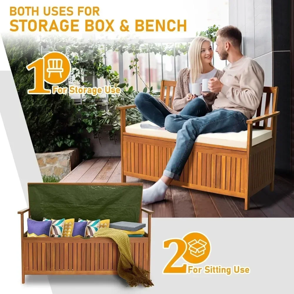 Outdoor Storage Bench, Acacia Wood 43 Gallon Deck Box with Seating & Cushion, Waterproof Patio Organizer Loveseat for Garden