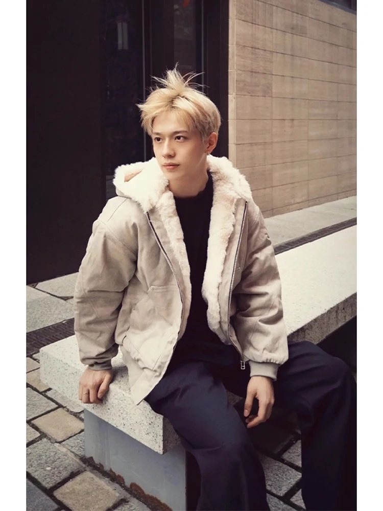 

American Retro Marble Statue Cotton Jaet Men Winter Thiened ort Fur Lined Warmth Youth Faion Stand Fit Coat