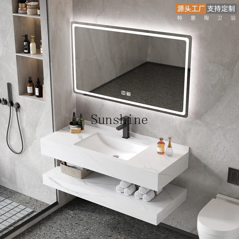 

Double rock slab bathroom cabinet Cream wind toilet Ceramic integrated basin Wash table