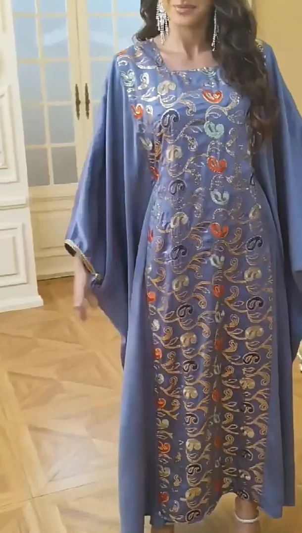 

Ramadan Muslim Dress Batwing Sleeve Robe Women Turkey Kaftan Eid Djellaba Satin Abaya Morocco Kaftan Kebaya Islam Clothing Gown