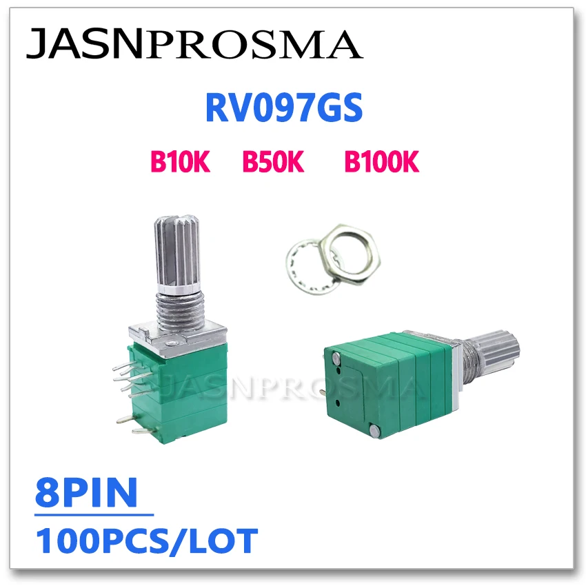 

JASNPROSMA RV097GS 100PCS B10K B50K B100K 8PIN 10K 50K 100K potentiometer 15mm Double audio Amplifier Sealing with a switch