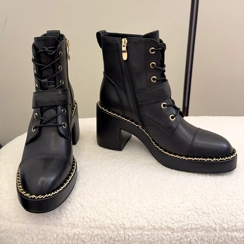 

Высококачественные женские модные ботинки из натуральной кожи с круглым носком и цепочкой на шнуровке, универсальные массивные ботинки Zapatos 25080820