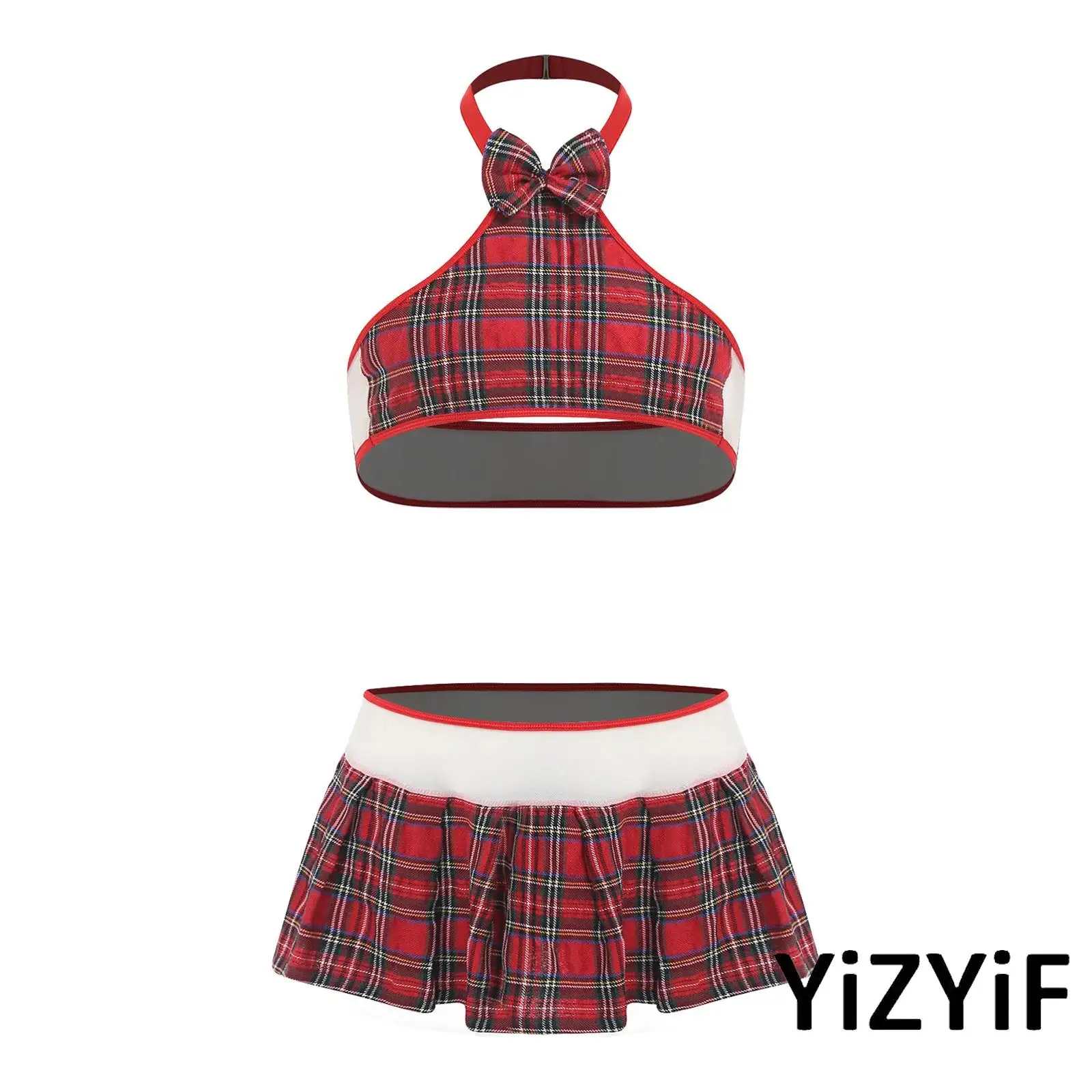 

Elegant Men JK Style Ensemble with Pleated Plaid Mini Skirt And Halter Crop Top Sissy JK Lingerie Set for Couple Moments