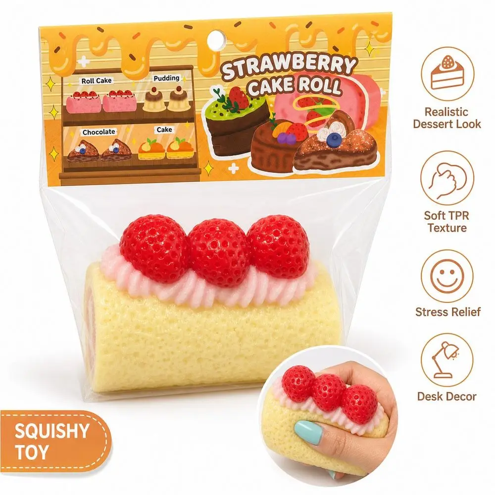 TPR Cake Roll Squishy Soft Squeezable Realistic Food Style Squeeze Toy Flexible Texture Strawberry Topping Strawberry Cake Toy