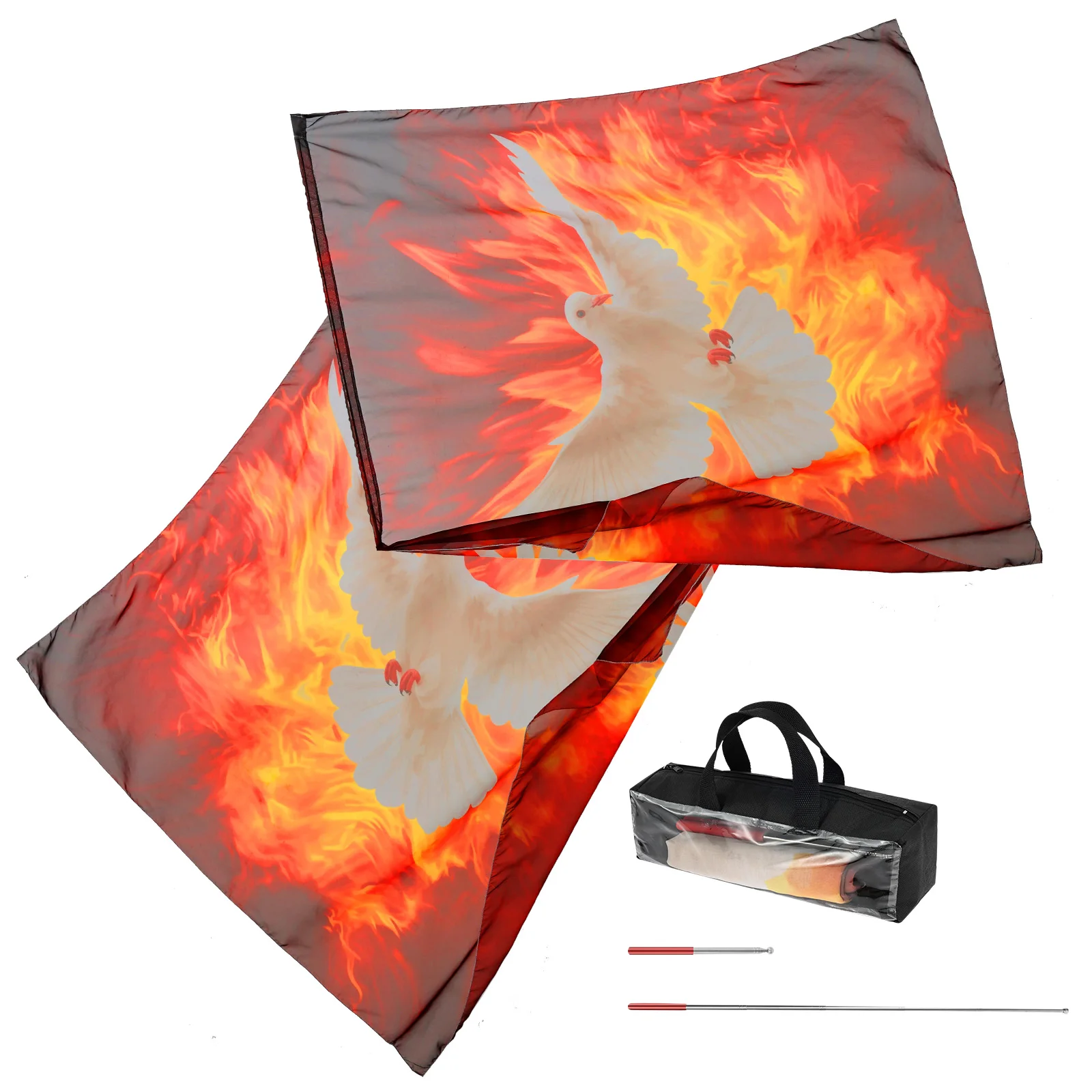 2 Stück Anbetungstanz-Flagge Tragbare Halbkreisförmige Weiße Tauben-Feuer-Anbetungsflagge mit Teleskopstange und Aufbewahrungstasche für Festival-Bühne