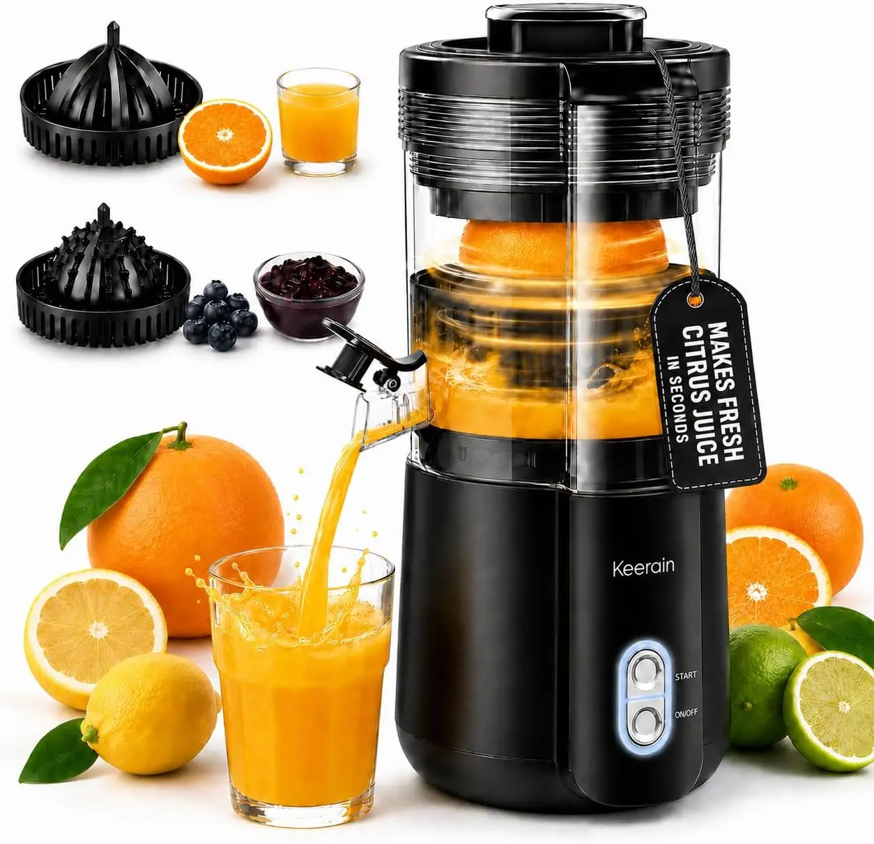 Electric Citrus Juicer with 2 Cones, Automatic Orange Juicer Machine for Lemon, Grapefruit, Watermelon & More, One-Touch Operation, High Juice Yield, Easy-Clean Compact Design
