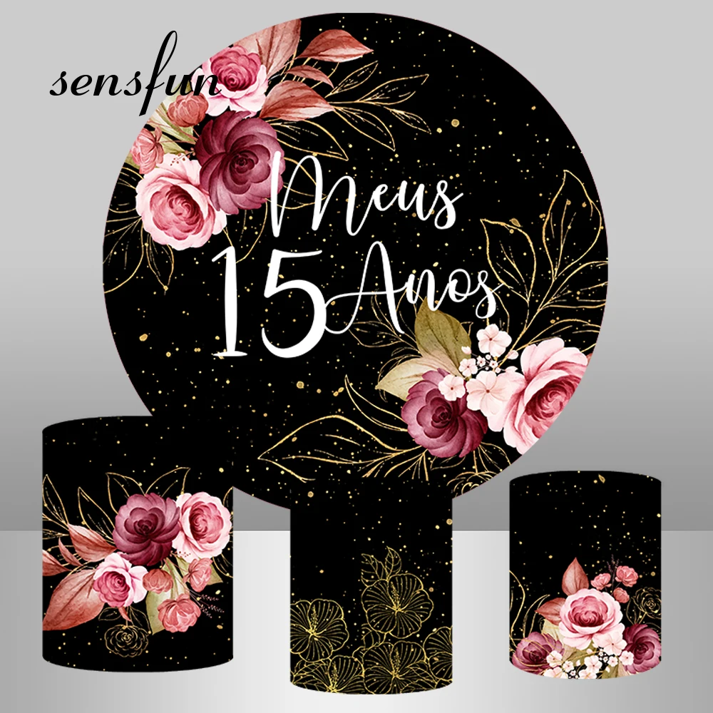 الزهور الذهب الأسود جولة خلفية غطاء بريق النقاط الفتيات 15th الحلو 16 عيد ميلاد دائرة خلفية حفل زفاف طيدة يغطي