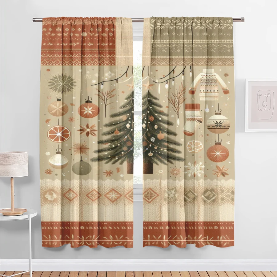 2PCS Digital Print Curtains, Nordic Beige Background Christmas Tree Stocking Sweater Orange Slice Lights Snowflakes Fair Isle Bo