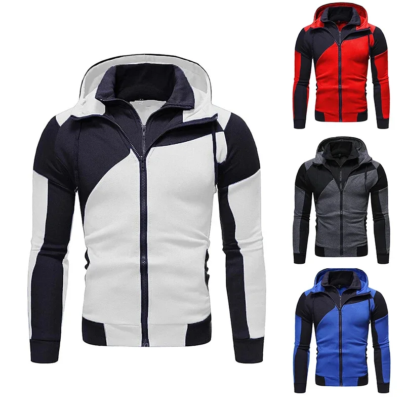 

Men's hooded sportswear winter casual stitching double zipper warm hooded sportswear daily wear black and white