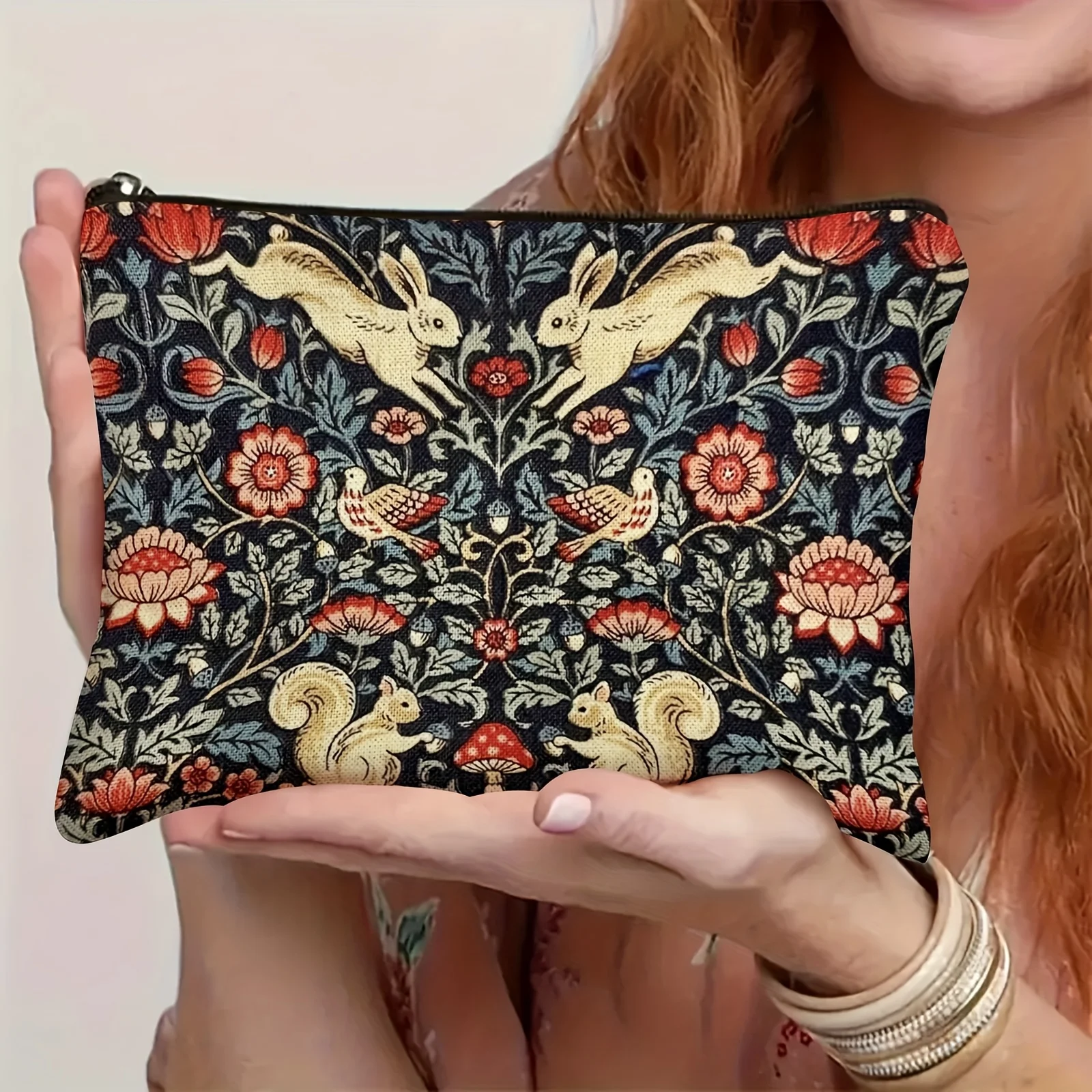 Durable Cosmetic Bag Adorable Forest-Themed with Flowers, Rabbits, Birds & Squirrels Design for Makeup or Accessories