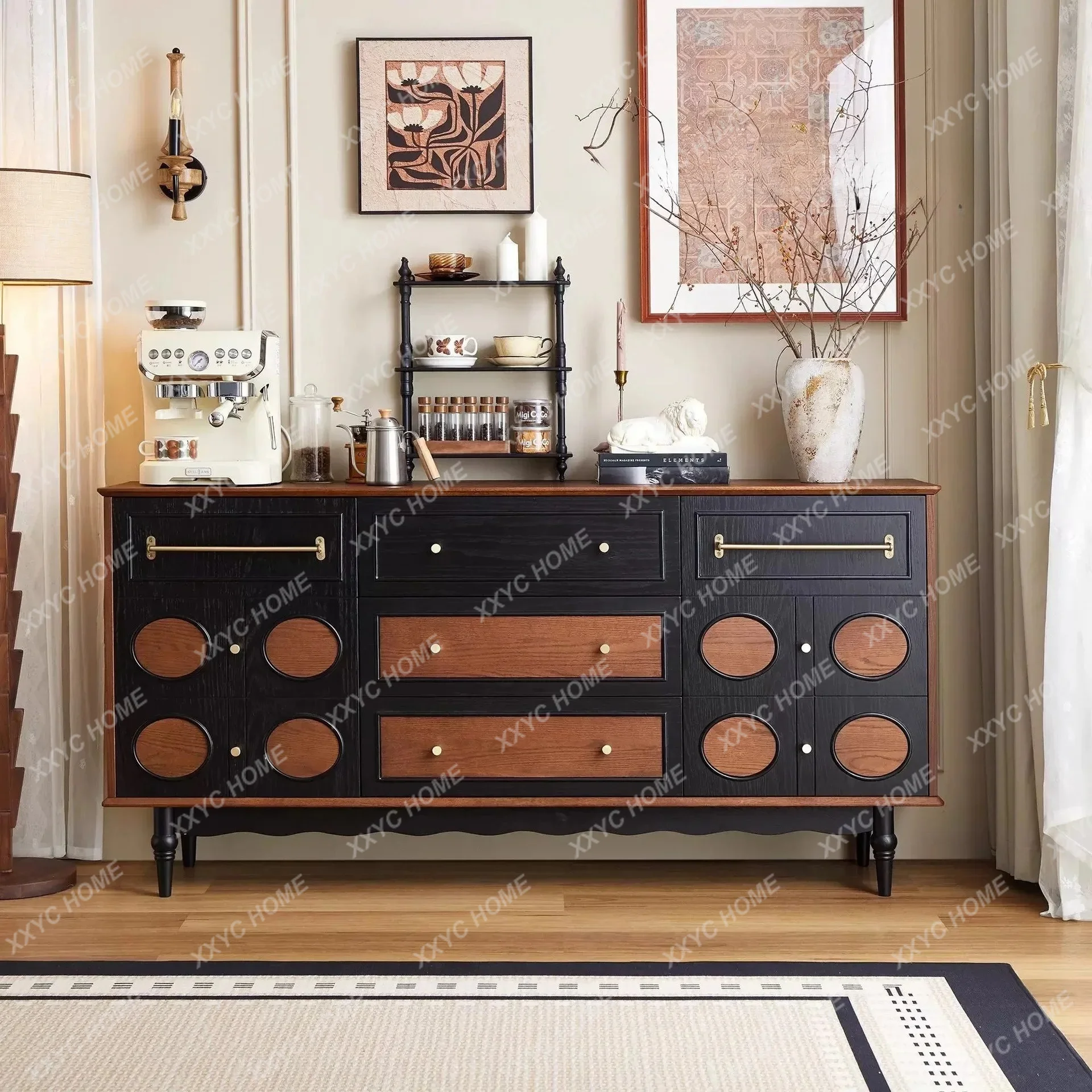 Solid Wood Dining Side Cabinet Household Cabinet Living Room Room Wall Locker Retro Color Matching Side Cabinet