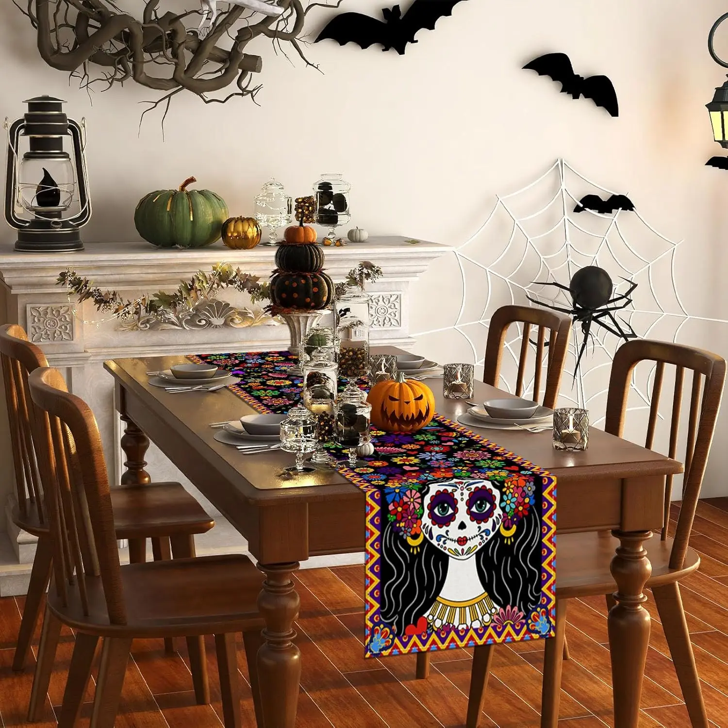 Mexican Day of The Dead Sugar Skull Linen Table Runners Dresser Scarf Decor Washable Dining Table Runners Party Decorations