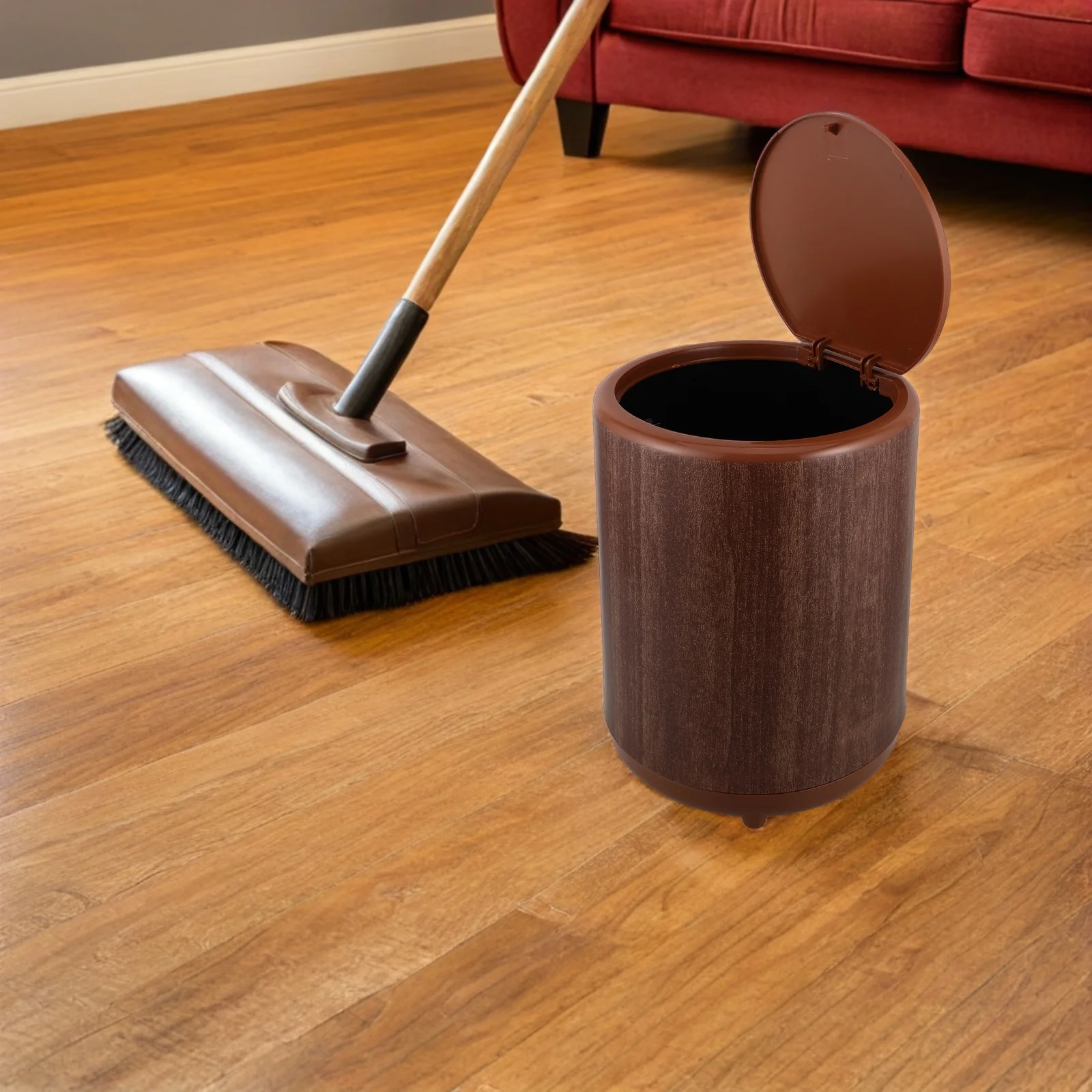 

Wood-Like Bathroom Trash Bin Covered Round Press Lid Garbage Can for Home Kitchen Office Bedroom Hotel Indoor Trash Bin with Lid