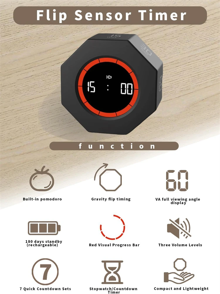 Multi-Octagonal Cube Timer Gravity Sensor Digital Timer with LED Screen Sound Alarm Silent Operation 1/5/15/30/60/90 Minutes