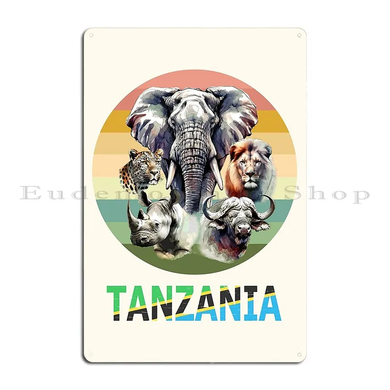 Tanzania Big 5 Watercolor On Retro Sunset For Tanzania Fans Metal Sign Designs Cinema Club Design Plaques Tin Sign Poster