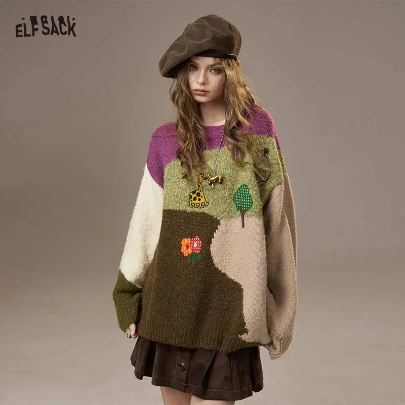 

ELFSACK 2025, зимние новые поступления, повседневный свободный свитер с цветными блоками и вышивкой жирафа для женщин