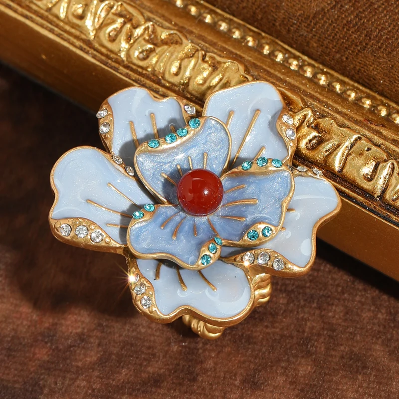 

Vintage Large Violet Flower Ring Adjustable Red Agate Gold Color Cocktail Designer Jewelry Luxury Quality Accessories Woman 2025